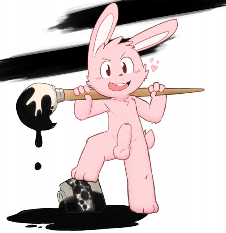 anthro balls big_head brush buckteeth casual_erection erection foreskin fur genitals heart_symbol humanoid_genitalia humanoid_penis ink male mascot nude open_mouth penis pink_body pink_fur solo teeth toony young oob inkbunny inkbunny_(character) lagomorph leporid mammal rabbit