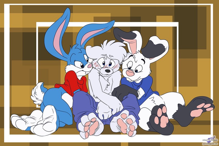 3_toes 4_toes anthro blush clothed clothing feet group male partially_clothed pawpads sitting smile toes trio wolfblade tiny_toon_adventures warner_brothers artie buster_bunny canid canine lagomorph mammal hi_res