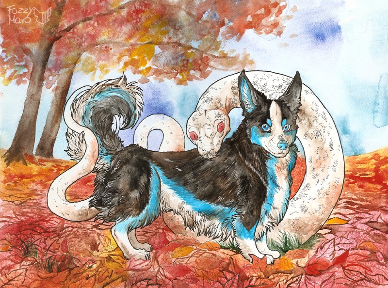 autumn duo feral plant tree fuzzymaro canid canine canis domestic_dog herding_dog mammal pastoral_dog reptile scalie snake welsh_corgi painting_(artwork) traditional_media_(artwork) watercolor_(artwork)