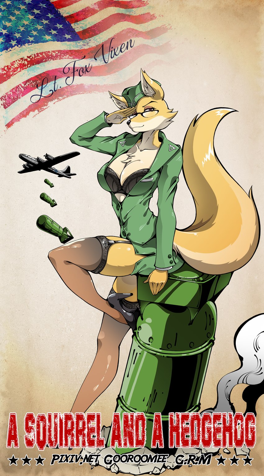 aircraft airplane american_flag anthro bomb bra clothed clothing explosives eyewear female footwear gesture glasses hat headgear headwear high_heels legwear on_explosive salute shoes solo tail thigh_highs underwear united_states_of_america vehicle gooroomee b-29 sek_studio squirrel_and_hedgehog lt._fox_vixen canid canine fox mammal absurd_res hi_res