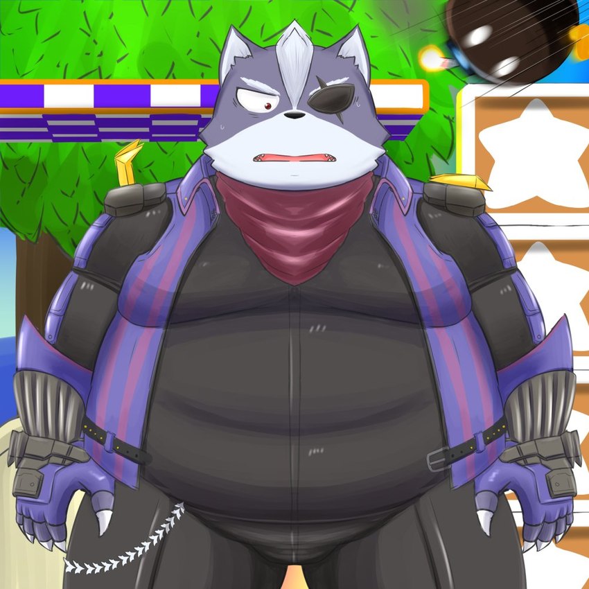 anthro belly biped clothed clothing eye_patch eyewear humanoid_hands kemono male obese obese_male overweight overweight_male scar solo marumu_5656 nintendo star_fox wolf_o'donnell canid canine canis mammal wolf 1:1 2022