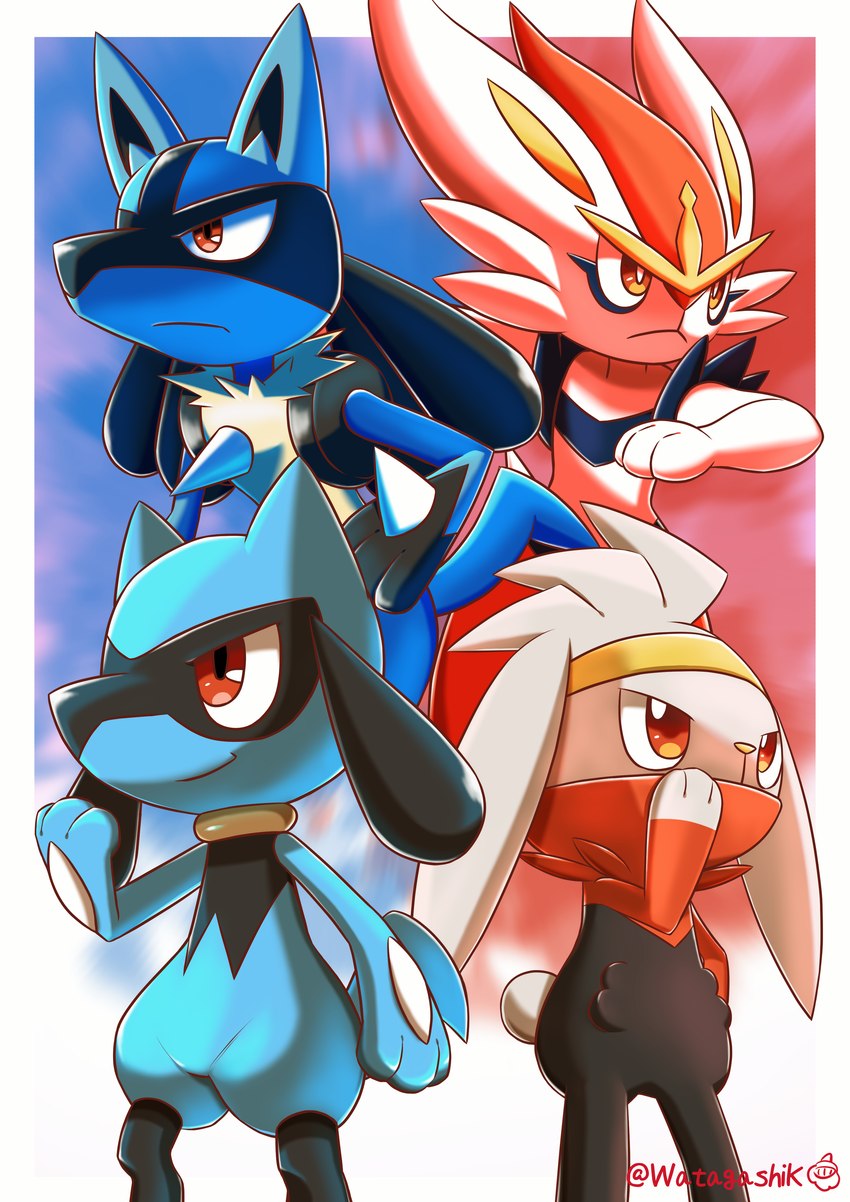 ambiguous_gender black_body blue_background blue_body border evolution gradient_background red_background red_body red_eyes simple_background white_border watagashikn nintendo pokemon cinderace generation_4_pokemon generation_8_pokemon lucario pokemon_(species) raboot riolu 2020 absurd_res hi_res