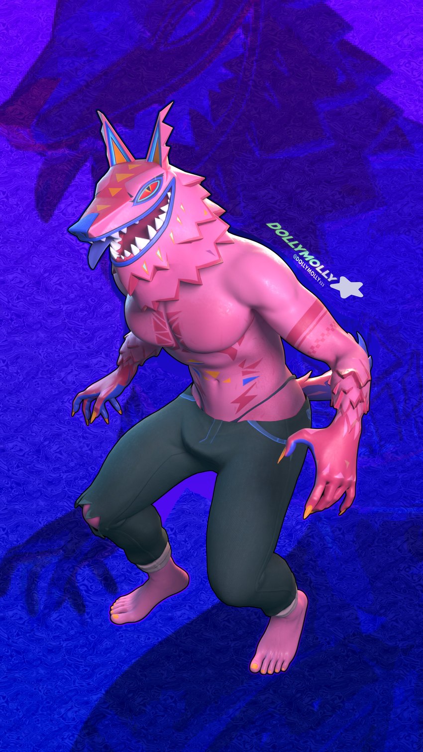 anthro blowup_background bottomwear clothed clothing denim denim_bottomwear denim_clothing feet fur humanoid_feet jeans looking_at_viewer male navel open_mouth pants pecs pink_body pink_fur plantigrade simple_background solo teeth text thong tongue tongue_out topless twitter_handle underwear dollymolly323 epic_games fortnite andy_fangerson alebrije canid canine canis mammal wolf 2024 3d_(artwork) 4k 9:16 absurd_res artist_name digital_media_(artwork) hi_res signature