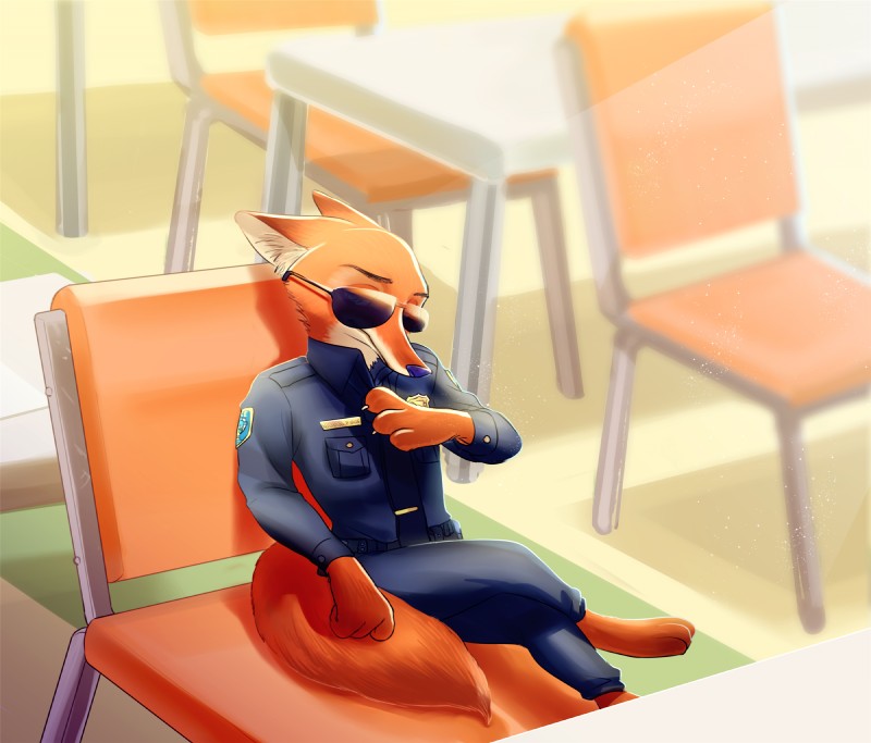 anthro biped chair clothed clothing detailed_background eyewear fur furniture inside male sitting solo sunglasses table weketa disney zootopia nick_wilde canid canine fox mammal red_fox true_fox hi_res