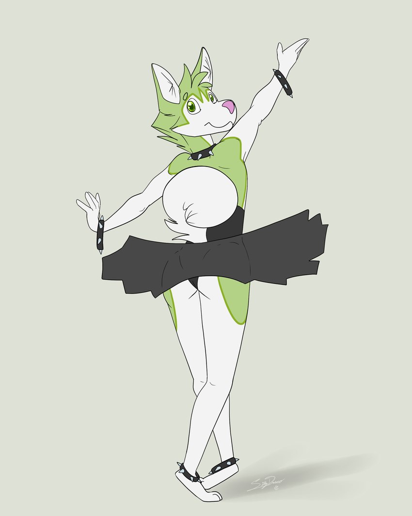 ambiguous_gender anklet anthro bottomwear bracelet butt butt_pose classical_tutu clothing collar dancewear jewelry legband male pink_nose pose raised_arms silly skirt solo spiked_anklet spiked_bracelet spiked_collar spiked_legband spikes tiptoes tutu sillydraco byte_fantail_(character) canid canine canis domestic_dog husky mammal nordic_sled_dog spitz 4:5 absurd_res hi_res meme andromorph_(lore)