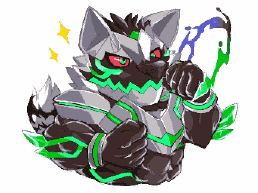 anthro armor bodysuit clothing green_eyes male muscular muscular_anthro muscular_male red_sclera skinsuit solo supervillain tight_clothing aidemcc lifewonders live_a_hero monomasa canid canine canis domestic_dog husky mammal nordic_sled_dog spitz