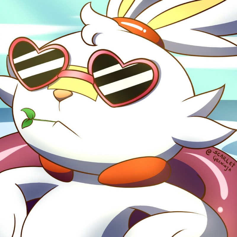 :< ambiguous_gender close-up eyewear face_focus feral fur glasses heart_glasses heart_symbol inflatable inner_tube long_ears relaxing solo water messer-aramis nintendo pokemon generation_8_pokemon lagomorph mammal pokemon_(species) scorbunny 1:1 2019 hi_res icon