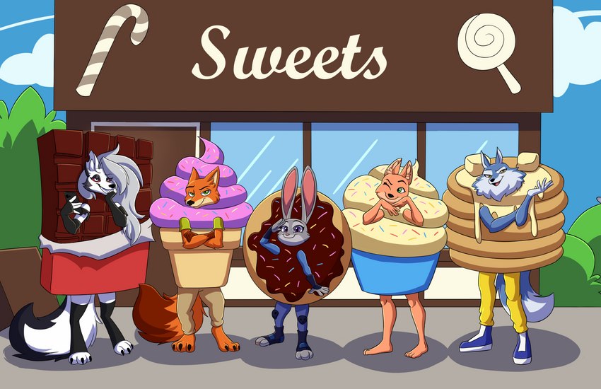 anthro candy chocolate chocolate_bar clothed clothing costume cream_(food) cupcake day dessert detailed_background doughnut female food food_costume group ice ice_cream male outside pancake pastry standing store hinzen disney dreamworks helluva_boss illumination_entertainment mythology sing_(movie) the_bad_guys zootopia diane_foxington judy_hopps loona_(helluva_boss) nick_wilde porsha_crystal canid canid_demon canine canis demon fox hellhound lagomorph leporid mammal mythological_canine mythological_creature rabbit red_fox true_fox wolf absurd_res hi_res