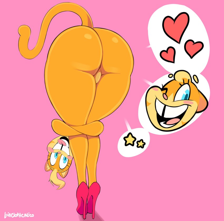 anthro big_butt bite blonde_hair blue_eyes blush buckteeth butt clothing featureless_crotch female flexible footwear hair heart_symbol high_heels looking_at_viewer looking_back looking_back_at_viewer nude one_eye_closed pink_background shoes simple_background smile smiling_at_viewer solo speech_bubble teeth thick_thighs tongue tongue_bite wide_hips wink yellow_body vimhomeless lilly_(vimhomeless) domestic_cat felid feline felis mammal 2023 absurd_res hi_res