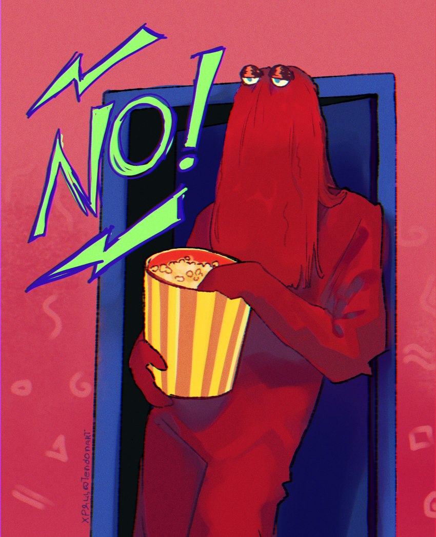 ambiguous_gender blue_eyes bucket container dialogue door doorway earless exclamation_point eyeless featureless_crotch food front_view glistening_eyelids green_text hair holding_object inside lidded_eyes long_hair mitten_hands noseless not_furry nude on_model popcorn red_body red_hair solo standing text three-quarter_view yelling tendonart don't_hug_me_i'm_scared red_guy_(dhmis) humanoid colored hi_res shaded signature