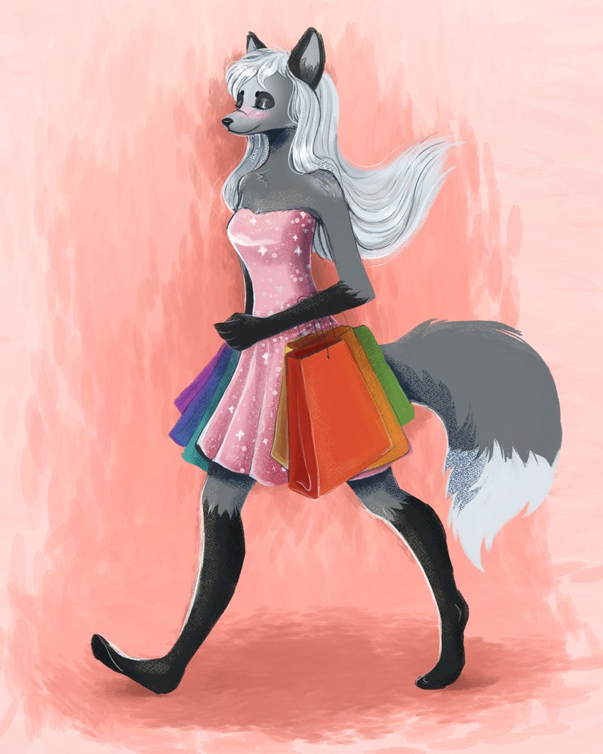 abstract_background anthro black_ears black_nose clothing dress female fur grey_body grey_fur hair shopping_bag solo sparkles sparkling_clothing white_hair ronnie_ronsam canid canine fox mammal red_fox silver_fox true_fox hi_res