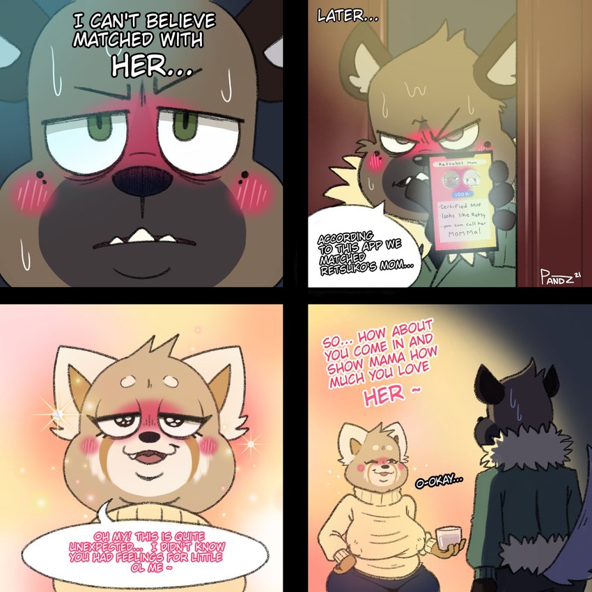 anthro big_breasts blush bodily_fluids breasts cellphone duo electronics fangs female male male/female mature_female phone sparkles sweat teeth text pandzart aggretsuko sanrio haida_(aggretsuko) retsuko's_mother ailurid hyena mammal red_panda spotted_hyena 1:1 comic english_text hi_res translated