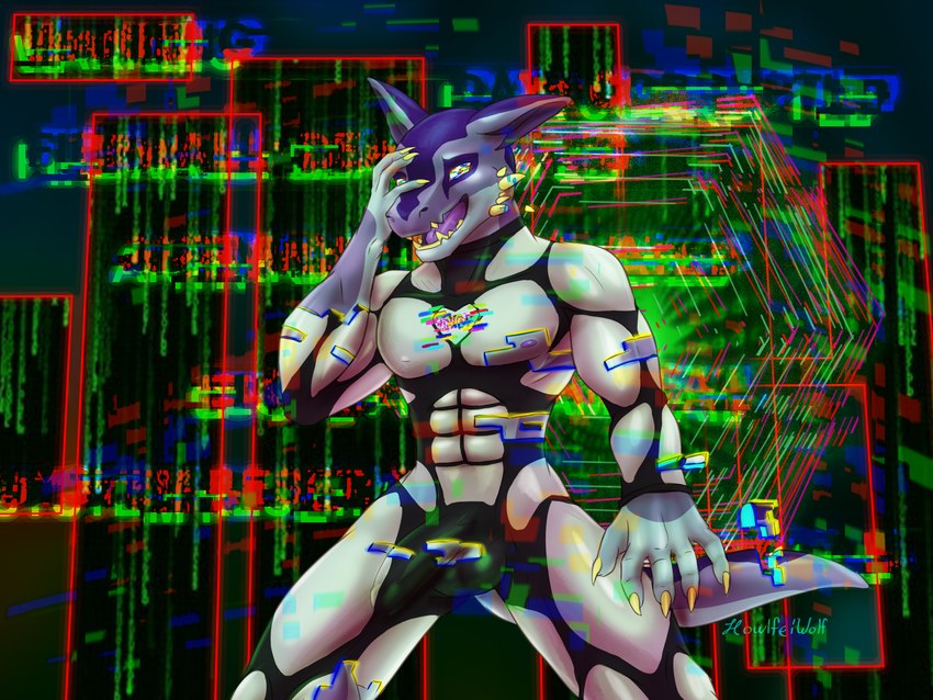 anthro artifact balls bodysuit bulge claws clothed clothing corruption cyberspace dissolving_clothing ears_back erection genitals glitch holding_face horn humanoid_genitalia humanoid_penis hypnotic_eyes male mind_control multicolored_body muscular muscular_male nipples open_mouth penis penis_tuck pivoted_ears purple_body skinsuit smile solo static tail teeth text tight_clothing tongue howlfeiwolf hypnovember mythology dragon mythological_creature mythological_scalie reptile scalie 4:3 absurd_res digital_media_(artwork) english_text hi_res