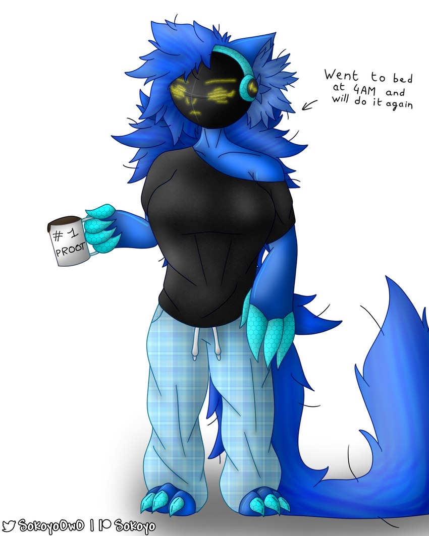 anthro back_hair big_breasts big_ears big_tail black_clothing black_shirt black_topwear blue_body blue_bottomwear blue_claws blue_clothing blue_fur blue_hair blue_pants blue_skin body_hair bottomwear breasts bushy_hair claws closed_frown clothed clothing container cup detailed_shading eyes_closed female fluffy fluffy_tail frown_eyebrows fur hair hexagon hexagonal_grid holding_container holding_cup holding_object huge_tail long_hair looking_away machine messy_fur messy_hair messy_tail mouth_closed mug owo pants pattern_bottomwear pattern_clothing plaid plaid_bottomwear plaid_clothing protogen_visor shirt solo standing tail text text_box thick_thighs tired tired_expression tired_eyes tired_look topwear yellow_eyes sokoyo_owo starry starry_(sokoyo_owo) protogen 4:5 absurd_res english_text hi_res meme