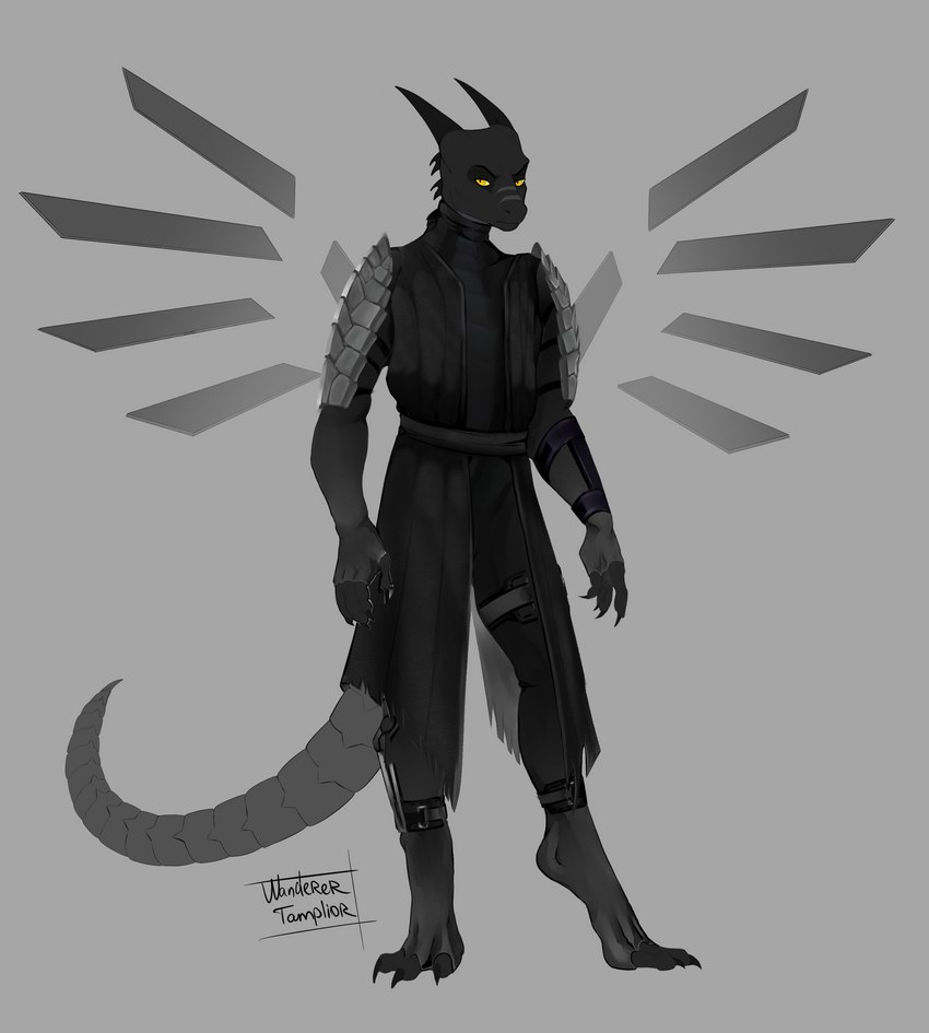 anthro armor black_body cape claws clothed clothing horn looking_at_viewer male metal_tail metallic_wings neoprene scales scar simple_background solo tail torn_clothing wings yellow_eyes wanderertamplior thal_verscholen 2022 absurd_res digital_media_(artwork) full-length_portrait hi_res portrait