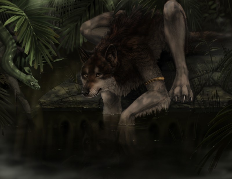 ambiguous_gender anthro armband black_nose claws detailed_background duo feral forest fur grey_body grey_fur jungle nature outside plant toe_claws tree water wood blackpassion777 mythology canid canine canis mammal mythological_canine mythological_creature reptile scalie snake werecanid werecanine werecreature werewolf wolf hi_res