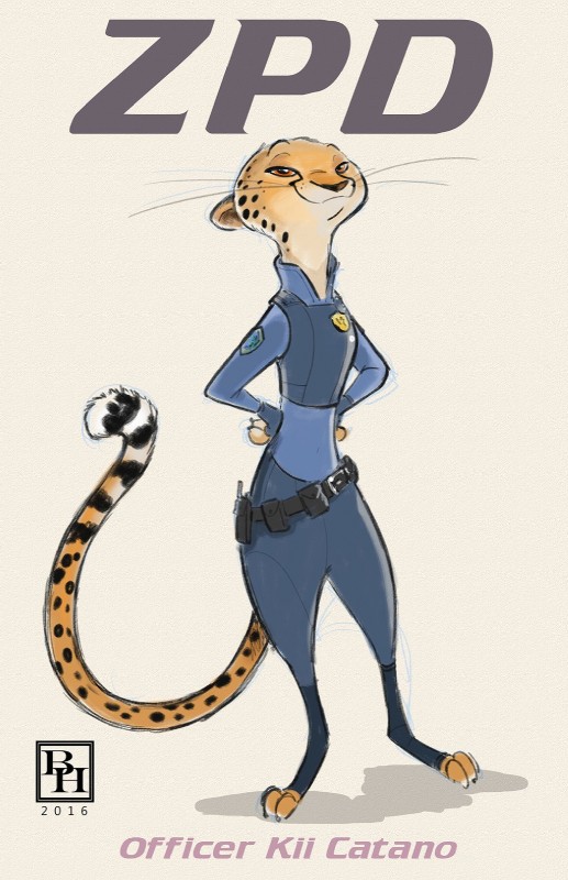 anthro belt clothed clothing digitigrade female fully_clothed fur hands_on_hips looking_at_viewer markings orange_eyes police police_uniform simple_background smile smirk solo spots spotted_body spotted_fur uniform whiskers byron_howard disney zootopia kii_catano cheetah felid feline mammal 2016 better_version_at_source concept_art hi_res unavailable_at_source