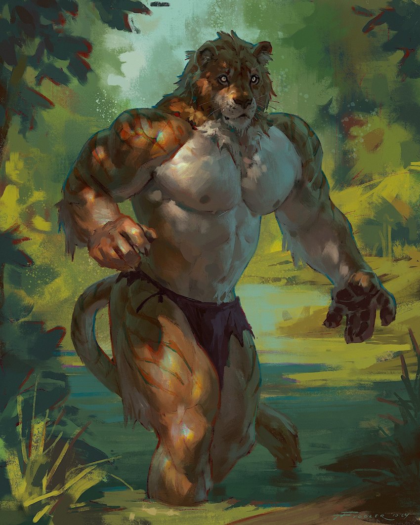 5_fingers anthro biped bottomwear clothed clothing fingers fur loincloth loincloth_only male muscular nature nature_background nipples partially_submerged pecs realistic solo standing striped_body striped_fur stripes tail topless whiskers taran_fiddler weretober felid hybrid liger mammal pantherine 2024 4:5 hi_res signature