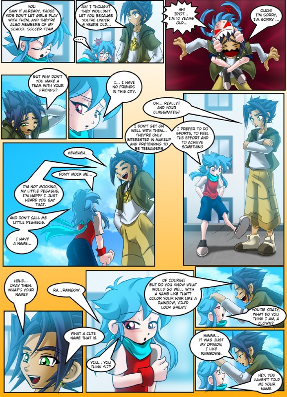 alternate_species angry bite blue_hair clothed clothing dialogue female flashback hair humanized male scarf text young mauroz friendship_is_magic hasbro my_little_pony rainbow_dash_(mlp) soarin_(mlp) wonderbolts_(mlp) human mammal comic english_text hi_res