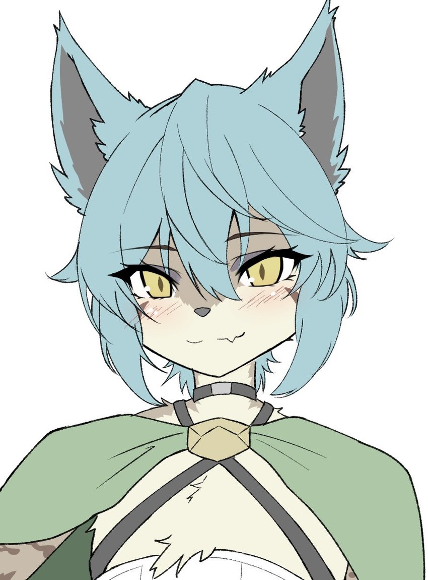 anthro blue_hair blush clothed clothing cute_fangs fangs femboy fur hair kemono looking_at_viewer male male_anthro pupils slit_pupils smile smiling_at_viewer solo tan_body tan_fur teeth white_body white_fur yellow_eyes an_chobi94 canid canine fox mammal 2023 bust_portrait digital_media_(artwork) flat_colors hi_res portrait