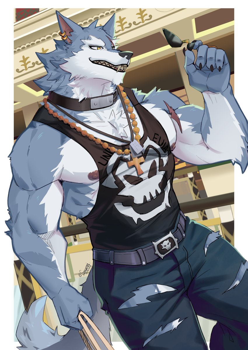 anthro black_clothing black_shirt black_tank_top black_topwear clothing collar cross cross_necklace ear_piercing eyewear fur jewelry male muscular muscular_anthro muscular_male necklace piercing shirt solo sunglasses tank_top topwear sacorxi dislyte lilith_games freddy_(dislyte) canid canine canis mammal wolf absurd_res hi_res