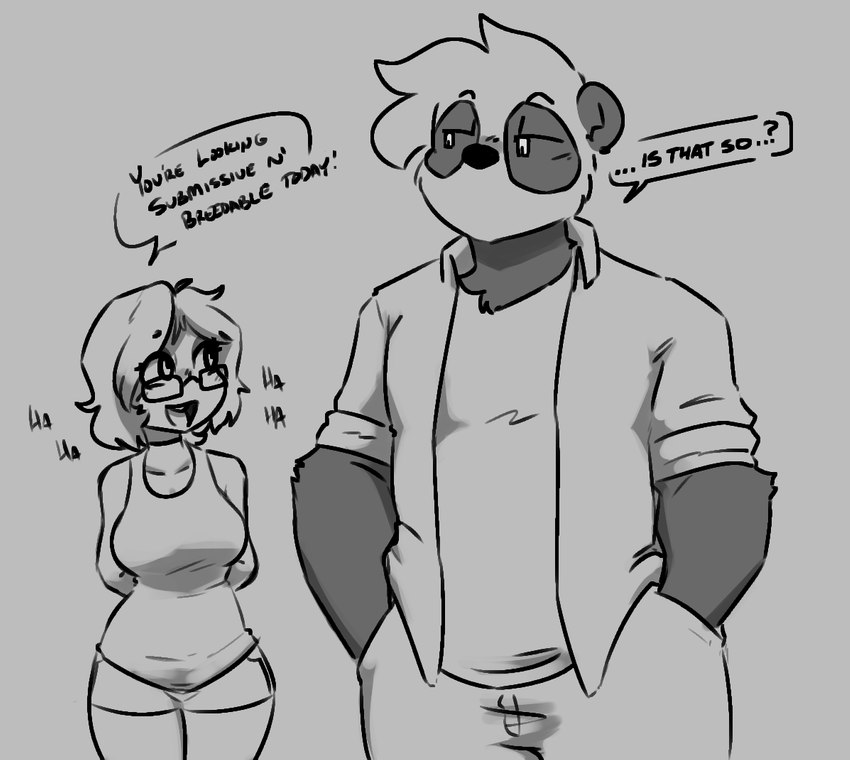 anthro clothed clothing duo eyewear female fur glasses hair imminent_sex male male/female multicolored_body two_tone_body hijackerdraws hiji bear giant_panda human mammal monochrome