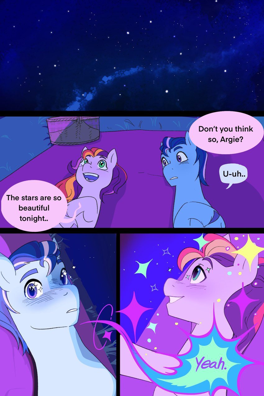 anthro basket bedding blanket blue_body blue_eyes blue_hair blush container dialogue duo female green_eyes hair lying male on_back picnic_basket sparkles star stargazing text aztrial hasbro mlp_g5 my_little_pony argyle_starshine_(mlp) sunny_starscout's_mother_(mlp) earth_pony equid equine horse mammal pony comic english_text hi_res