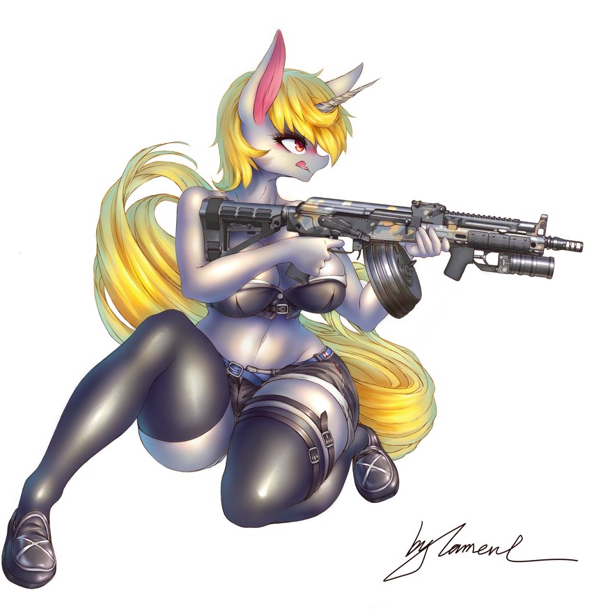 automatic_weapon belt big_breasts blonde_hair bottomwear breasts clothed clothing female footwear fur grenade_launcher grey_body grey_fur gun hair horn legwear looking_away m203 midriff plantigrade ranged_weapon red_eyes shoes shorts simple_background solo thigh_highs topwear weapon white_background wings lament hasbro my_little_pony mythology fan_character equid equine mammal mythological_creature mythological_equine winged_unicorn absurd_res digital_media_(artwork) hi_res signature