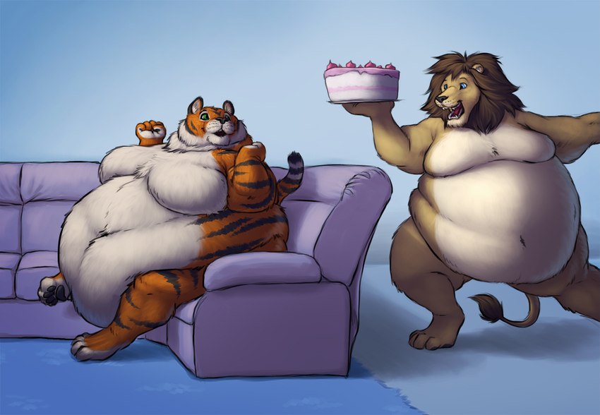 anthro belly belly_overhang big_belly big_breasts blue_eyes breasts brown_body brown_fur cake cheek_tuft chubby_cheeks dessert duo excited facial_tuft fangs fat_rolls female fluffy food fur furniture green_eyes huge_belly inside looking_at_another looking_at_partner looking_back love_handles male male/female mane moobs morbidly_obese morbidly_obese_anthro morbidly_obese_male navel neck_tuft nude obese obese_anthro obese_male open_mouth open_smile orange_body orange_fur overweight overweight_anthro overweight_male paws simple_background sitting smile sofa standing stripes tail tail_tuft teeth tuft white_body white_fur sugarboy melody_(tawnyscrawnyleo) tawnyscrawnyleo felid feline lion mammal pantherine tiger 2018 digital_drawing_(artwork) digital_media_(artwork)