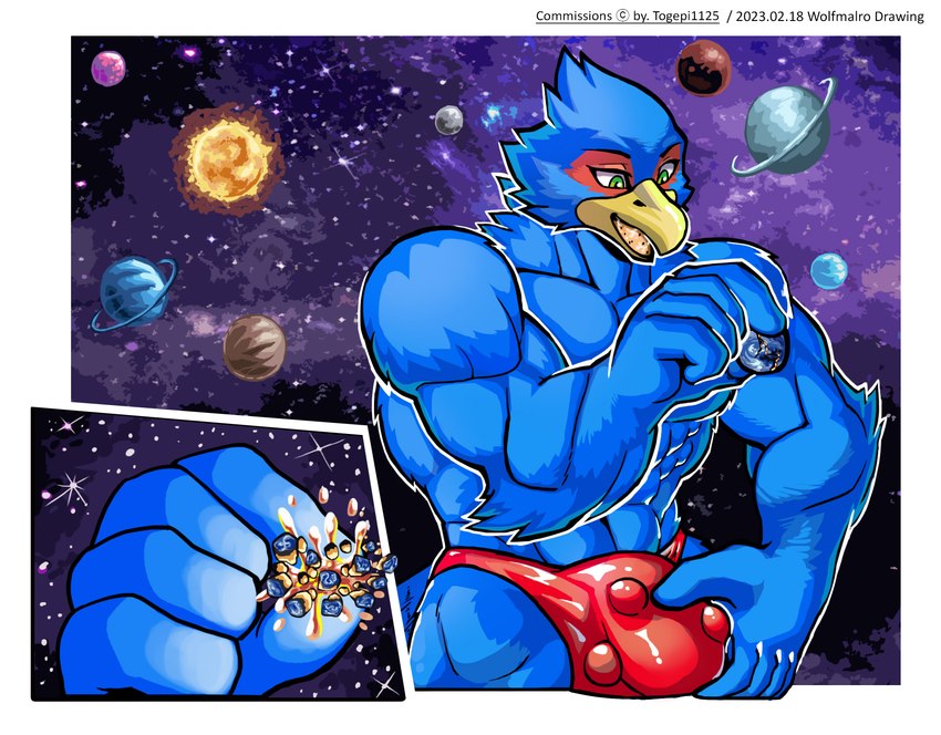 anthro beak big_muscles biped blue_body blue_feathers bulge clothing crush destruction detailed_bulge feathers macro male muscular muscular_anthro muscular_male planet planet_dwarfing red_clothing red_underwear solo space speedo swimwear terra_macro underwear wolfmalro nintendo star_fox falco_lombardi avian bird hi_res