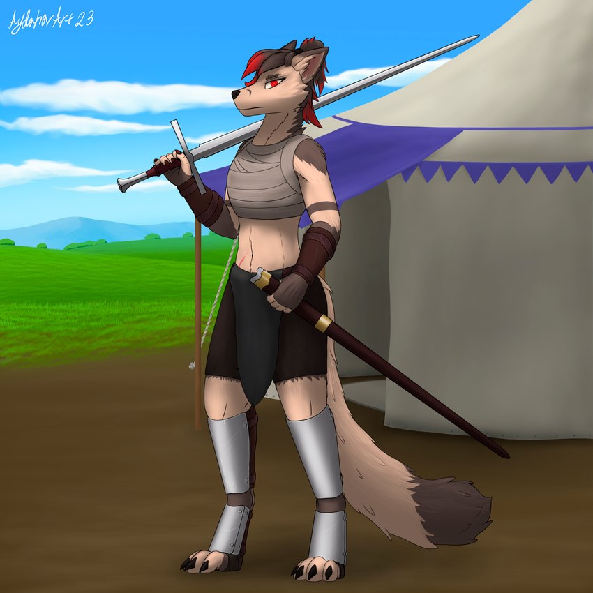 anthro claws cloud female grass long_tail melee_weapon mountain plant red_eyes simple_background sky solo sword tail tent warrior weapon aydaharart natany canid canine fox mammal 1:1 absurd_res hi_res