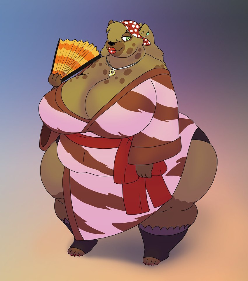 anthro asian_clothing belly big_breasts biped black_nose breasts brown_body brown_fur brown_hair cleavage clothed clothing ear_piercing east_asian_clothing female folding_fan fur gradient_background green_eyes hair hair_over_eye half-closed_eyes hand_fan huge_breasts japanese_clothing kimono lips narrowed_eyes obese obese_anthro obese_female one_eye_obstructed overweight overweight_anthro overweight_female piercing red_lips simple_background solo standing thick_thighs wide_hips vdisco ame_no_uzume_(alythewolfcat) hyena mammal hi_res