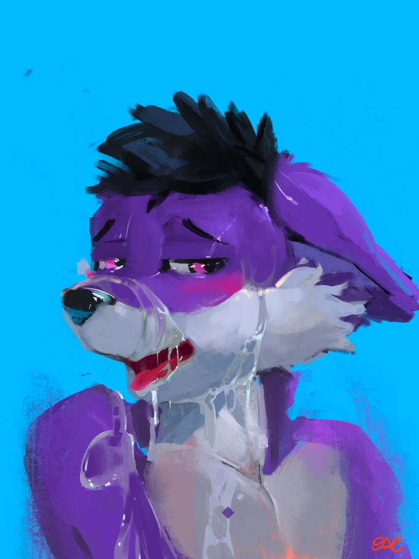 anthro black_eyebrows black_hair blush bodily_fluids cheek_tuft cum cum_on_face eyebrows facial_tuft fur genital_fluids glistening glistening_eyes hair head_tuft male pink_eyes purple_body purple_ears purple_fur solo tuft oselotti alibastaire canid canine canis mammal wolf 2022 absurd_res bust_portrait hi_res portrait signature