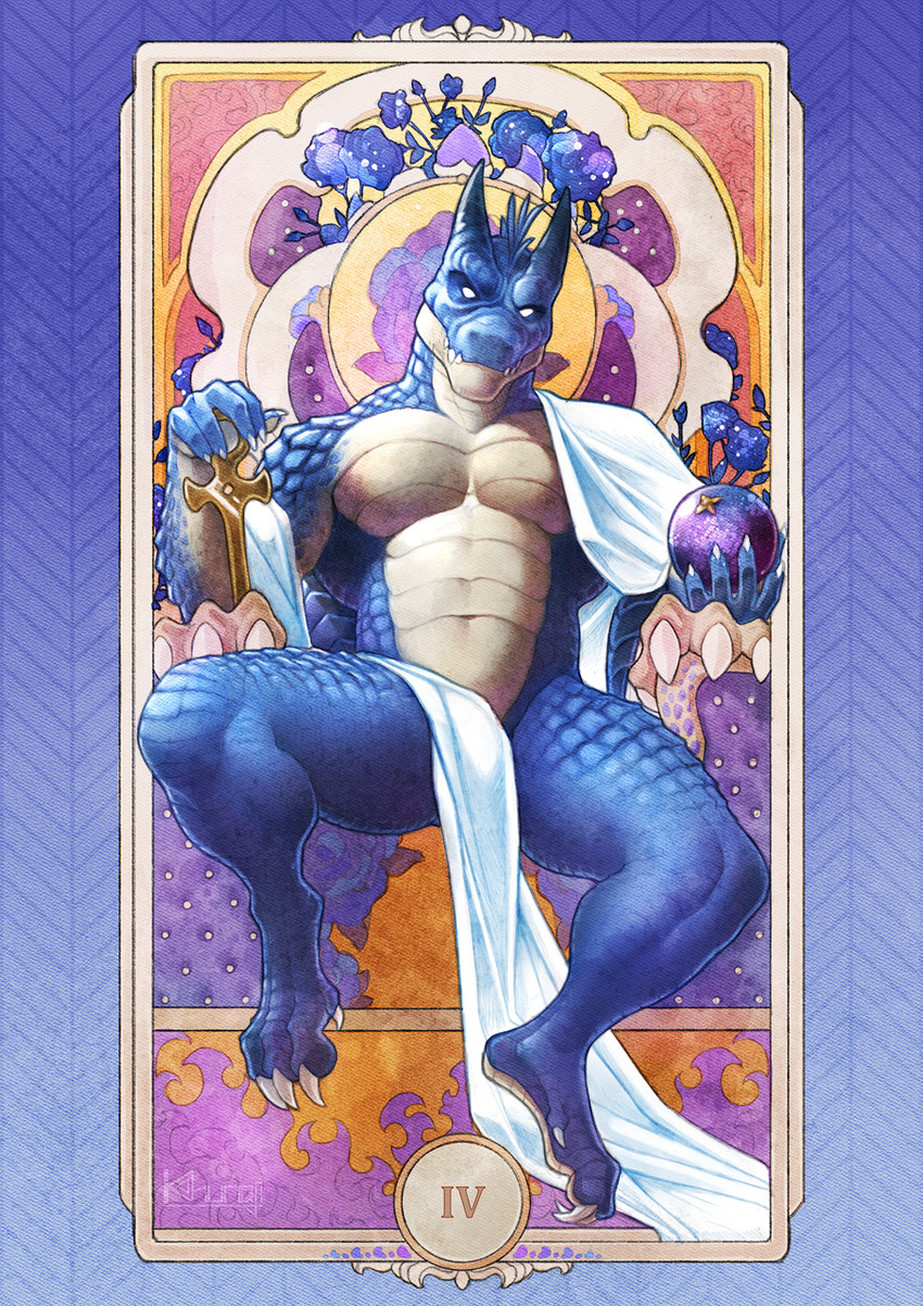 abs anthro art_nouveau blue_body blue_scales card card_template chair claws crystal_ball dewclaw fangs feet finger_claws flower fortune_telling furniture horn major_arcana male muscular muscular_anthro muscular_male on_throne pecs plant quads roman_numeral scales sharp_teeth sitting solo tarot tarot_card teeth the_emperor_(tarot) throne toe_claws white_eyes khuraji mythology garret_beaux_(krawgles) dragon mythological_creature mythological_scalie scalie 2020 hi_res