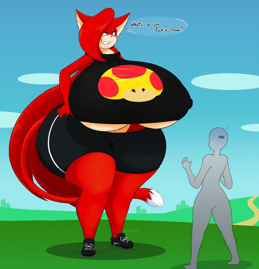 anthro big_breasts black_bottomwear black_clothing black_topwear bottomwear breasts cleavage clothed clothing cloud dialogue duo female footwear fungus grass huge_breasts larger_female macro mega_mushroom mushroom plant red_body shoes shorts size_difference size_play sky smaller_human speech_bubble text topwear vulgar angelthecatgirl mario_bros nintendo angel_the_catgirl anon ych_(character) domestic_cat felid feline felis human mammal 2022 english_text hi_res