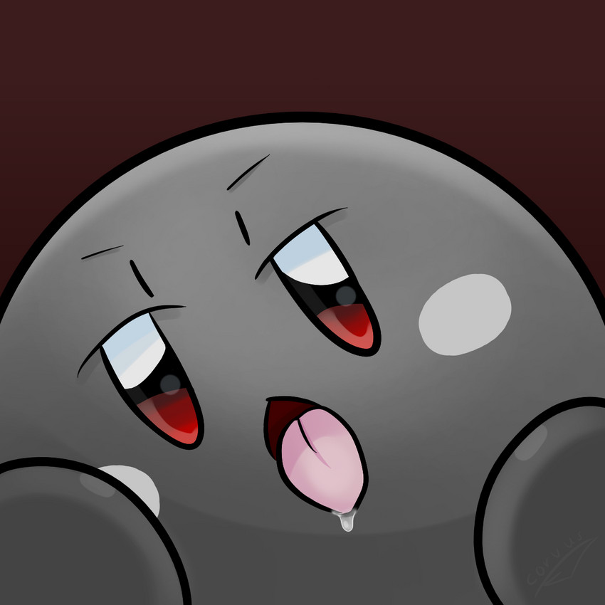 ambiguous_gender blush bodily_fluids grey_body grey_skin looking_at_viewer not_furry open_mouth puffball red_eyes saliva simple_background solo tongue tongue_out corvus_m18 kirby_(series) nintendo shadow_kirby waddling_head 1:1 2020 digital_media_(artwork) hi_res