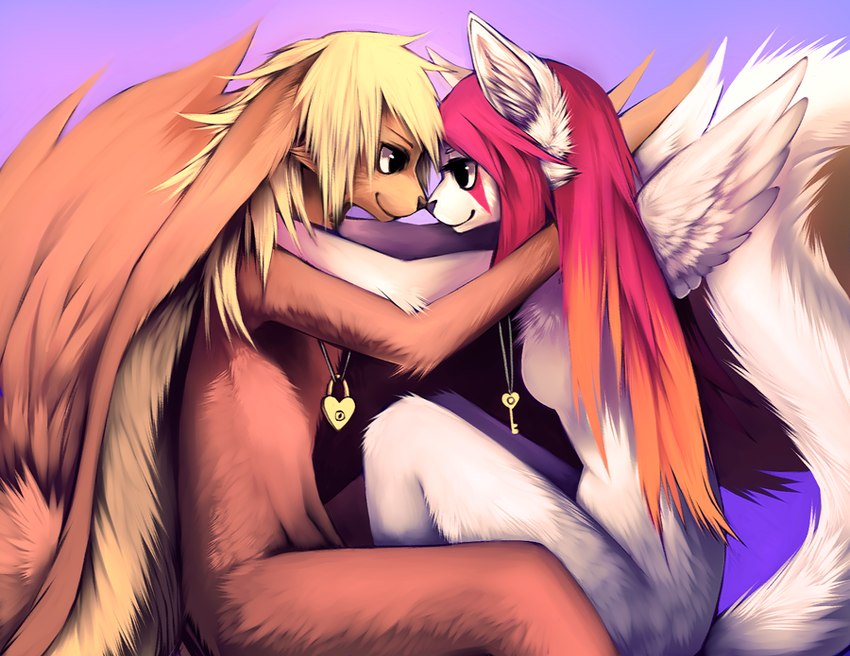 anthro back_wings blonde_hair breasts brown_body brown_fur duo eye_contact feathered_wings feathers featureless_breasts female floppy_ears fur hair hand_on_another's_shoulder hand_on_shoulder highlights_(coloring) inner_ear_fluff jewelry key key_necklace lock long_ears long_hair looking_at_another lop_ears male male/female markings necklace nude orange_highlights pink_hair pink_markings romantic sitting small_breasts small_wings snout touching_noses tuft white_body white_feathers white_fur wings falvie domestic_cat felid feline felis mammal species_request 2011 digital_media_(artwork) digital_painting_(artwork) painting_(artwork)