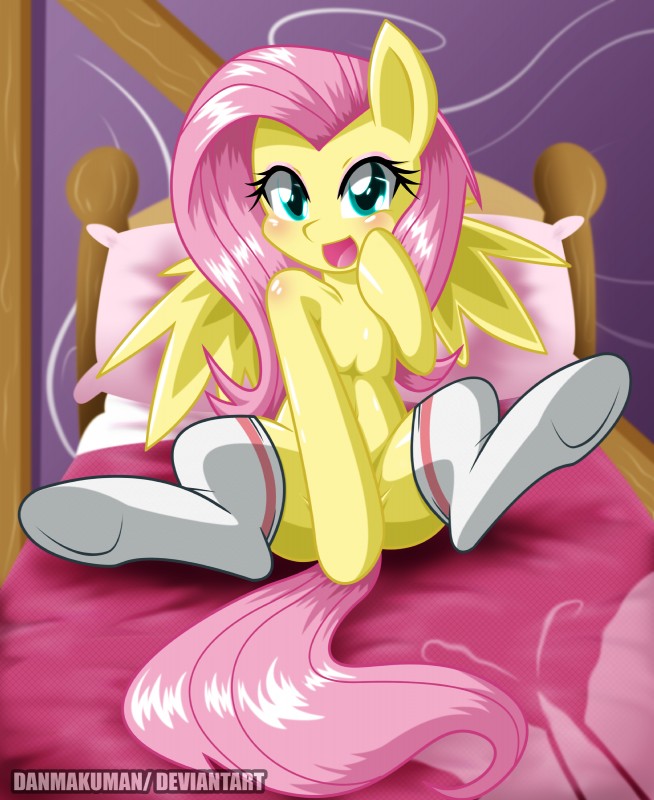 bed blue_eyes blush clothing feathered_wings feathers female feral footwear furniture hair hooves legwear long_hair looking_at_viewer open_mouth pink_hair sitting socks solo spread_legs spreading wings yellow_body yellow_feathers danmakuman friendship_is_magic hasbro my_little_pony mythology fluttershy_(mlp) equid equine mammal mythological_creature mythological_equine pegasus 2016 absurd_res hi_res