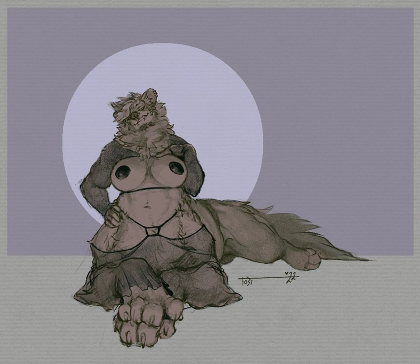 4_toes breasts claws clothing feet female grey_background hand_on_chest hand_on_hip lying nipples on_front pawpads purple_background relaxing simple_background solo toe_claws toes blushing_yokai hyena hyena_taur mammal mammal_taur taur