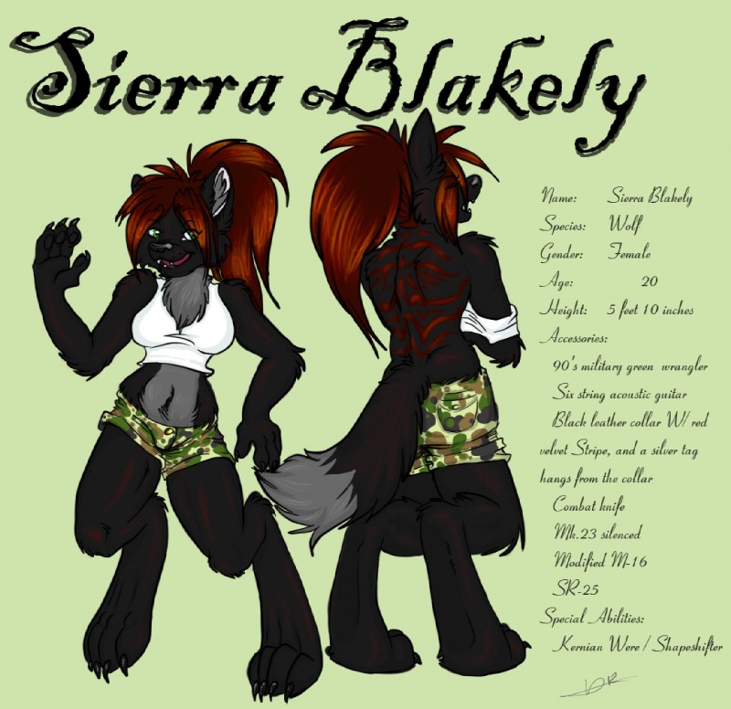 anthro black_body black_fur bottomwear camo camo_print clothing digitigrade female fur green_eyes grey_body grey_fur hair markings ponytail red_hair red_markings shirt shorts simple_background solo tail text topwear nataya sierra_blakely canid canine canis mammal wolf 2012 english_text model_sheet