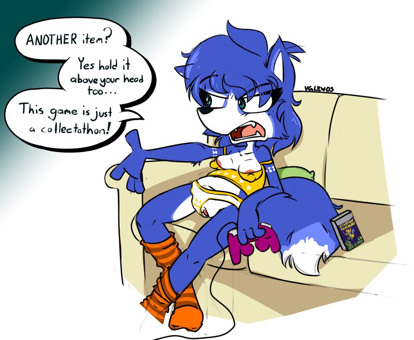 annoyed anthro areola areola_slip blue_body blue_fur casual_exposure clothed clothing clothing_aside controller crop_top dialogue female footwear fur game_controller gaming genitals holding_controller holding_object nipple_outline orange_clothing orange_footwear orange_socks panties panties_aside partially_clothed playing_video_game pussy shirt sitting socks solo text topwear underwear underwear_aside scott_ramsoomair vglewds nintendo star_fox krystal_(star_fox) canid canine fox mammal 2022 absurd_res english_text hi_res