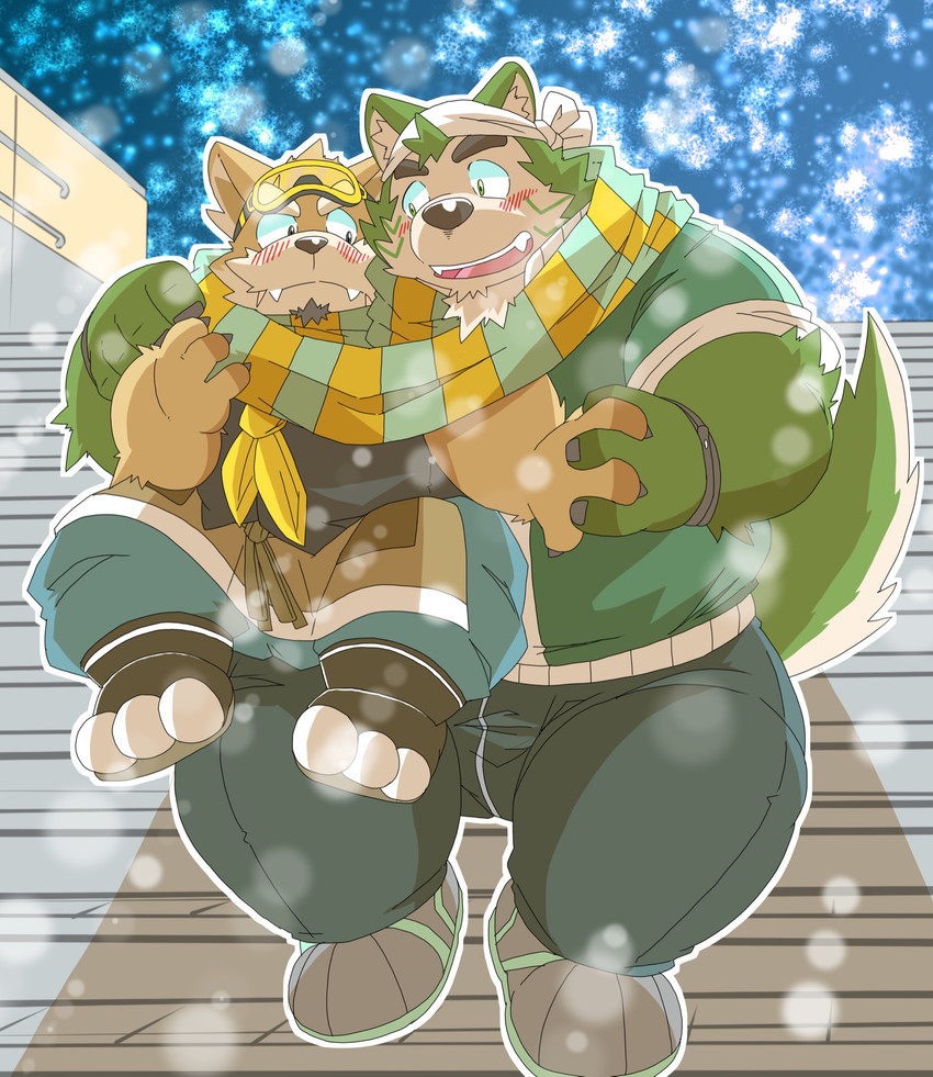 anthro blush bottomwear clothing cute_fangs duo fangs hand_holding kemono male male/male outside overweight overweight_male pants scarf shirt sitting snow snowing teeth topwear winter hottophoto lifewonders live_a_hero mokdai procy canid canine canis domestic_dog mammal 2020 hi_res