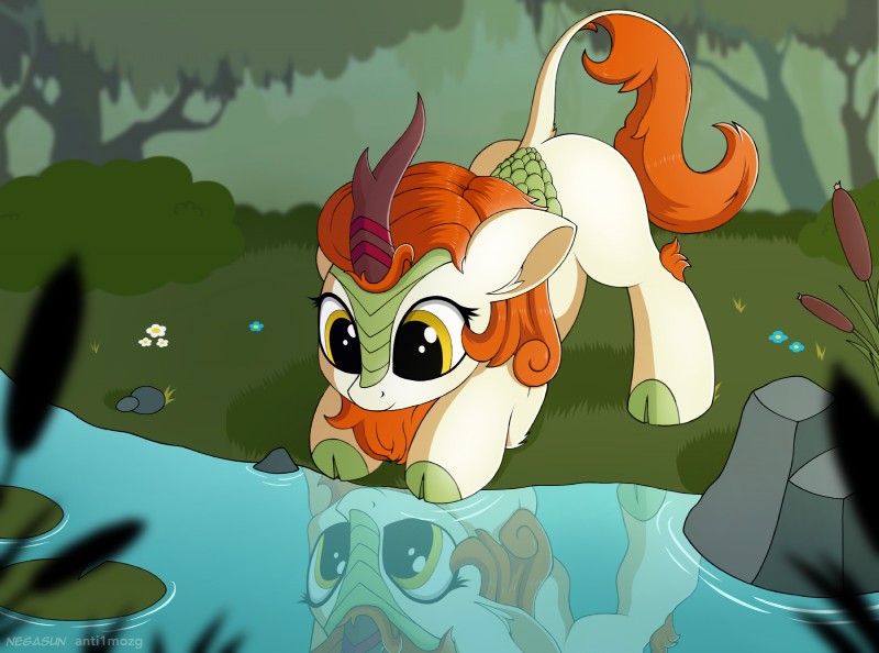 female feral hair lily_pad outside plant reflection solo water anti1mozg negasun asian_mythology chinese_mythology east_asian_mythology friendship_is_magic hasbro my_little_pony mythology autumn_blaze_(mlp) dragon equid kirin mammal mythological_creature mythological_scalie scalie 2018 artist_collaboration digital_media_(artwork) hi_res