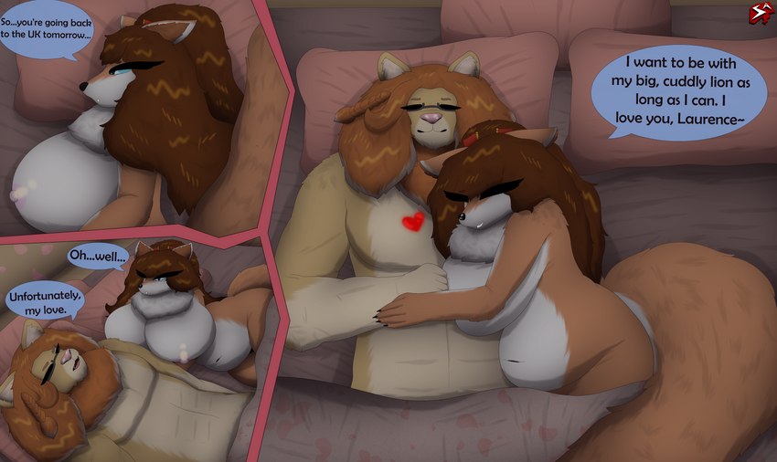 accessory anthro bed bedroom belly big_breasts blue_eyes bodily_fluids braided_hair braided_ponytail breasts brown_hair claws countershade_arms countershade_face countershade_legs countershading cuddling dialogue duo eyes_closed eyewear female fluffy fluffy_tail freckles fur furniture glasses hair hair_accessory hairpin heart_symbol hug huge_breasts inner_ear_fluff lying male male/female model muscular muscular_male navel neck_tuft nipples nude orange_body orange_fur orange_hair pink_nipples ponytail romantic romantic_couple simple_background slightly_chubby smile tail text thick_thighs tuft white_body white_fur wide_hips yellow_body yellow_fur stylish_apollo laurence_halkavich maya_halkavich canid canine canis domestic_dog felid husky lion mammal nordic_sled_dog pantherine red_husky spitz absurd_res english_text hi_res