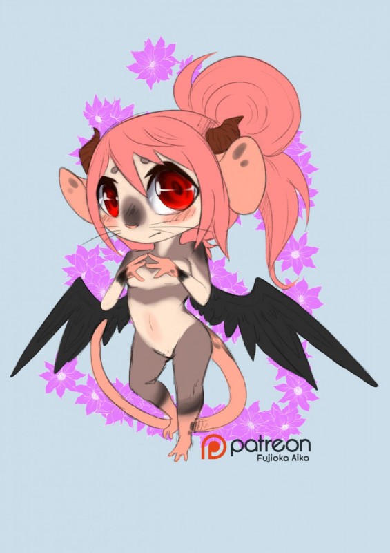 anthro blush chibi featureless_crotch female looking_at_viewer nude solo wings fujiokaaika fujioka_aika demon mammal murid murine rat rodent hi_res signature