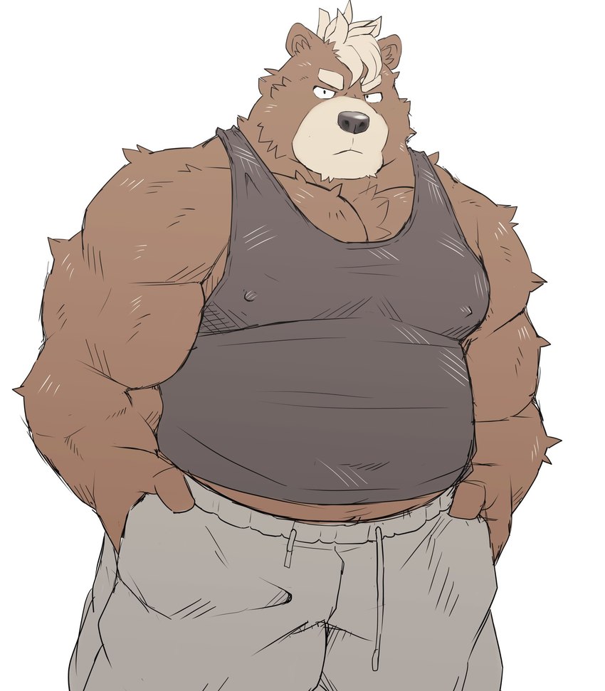 anthro black_nose bottomwear brown_body brown_fur clothing fur kemono male musclegut muscular overweight overweight_anthro overweight_male pants shirt simple_background solo tank_top topwear white_background mti777 bear mammal 2021 hi_res