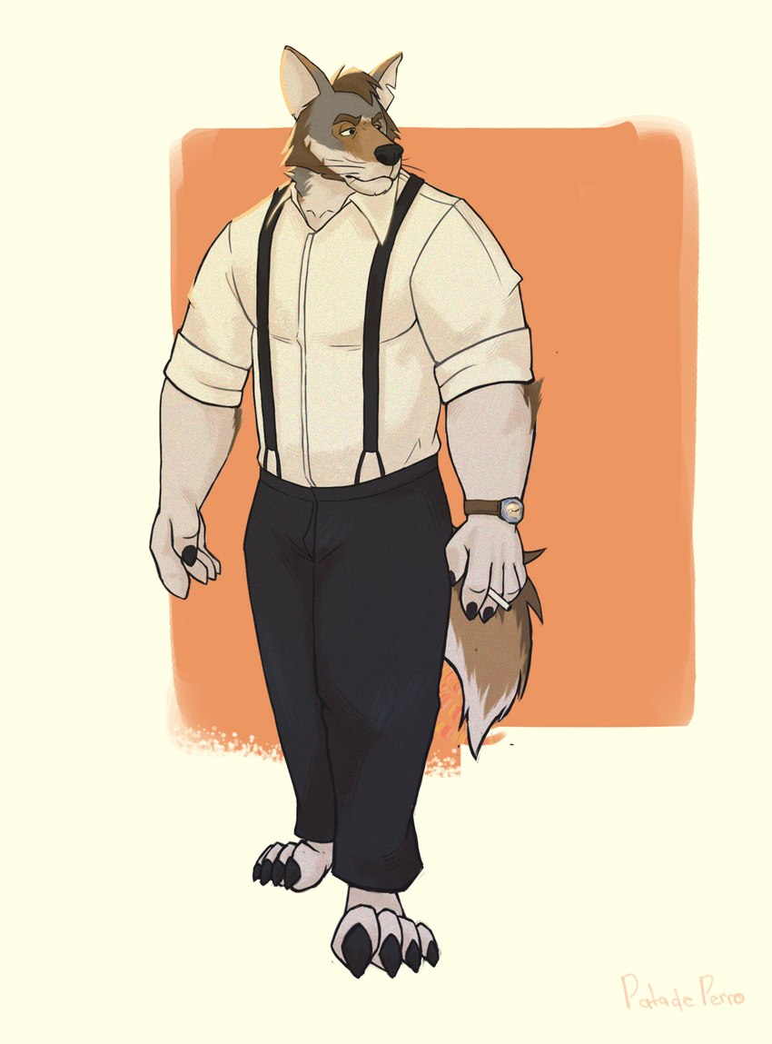 anthro bottomwear brown_body brown_fur cigarette clothing facial_hair fur grey_body grey_fur male muscular muscular_male pants paws shirt simple_background solo suspenders tail topwear whiskers white_body white_fur patadeperro echo_(series) echo_project the_smoke_room william_adler canid canine canis coyote mammal hi_res