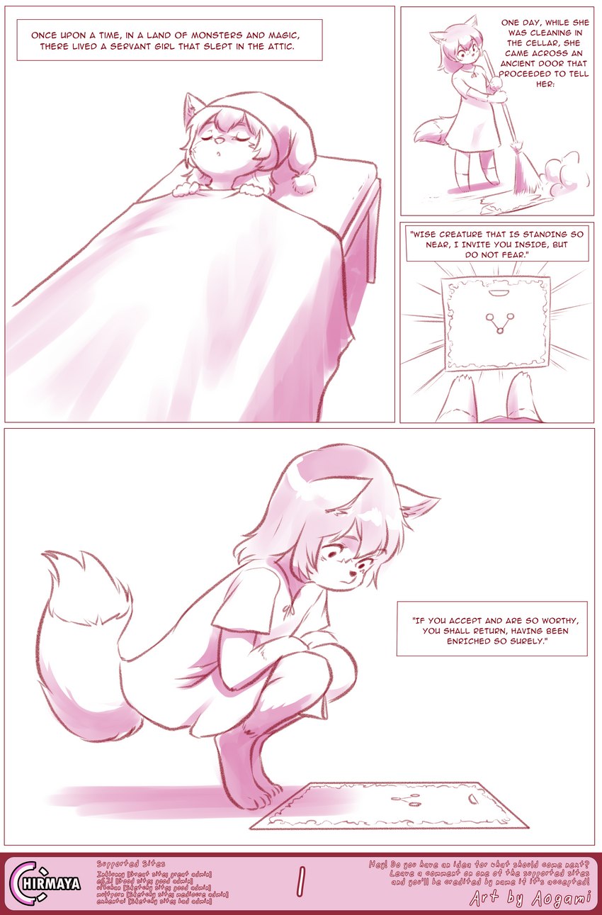 adolescent anthro bed female furniture gown kemono pink_shading red_line_art sleeping solo sweeping text young young_anthro young_female aogami chirmaya canid canine fox mammal absurd_res colored_line_art comic english_text hi_res monochrome pink_and_white shaded shaded_line_art