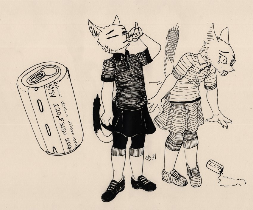 anthro beverage beverage_can bottomwear capacitor cheek_tuft clothed clothing disgust drinking facial_tuft female footwear fur fur_tuft furgonomics holding_object inner_ear_fluff multicolored_body multicolored_fur open_mouth shirt simple_background skirt socks soda solo spilled_drink tail tail_through_skirt text tongue tongue_out topwear tuft monoxromatik domestic_cat felid feline felis mammal absurd_res digital_media_(artwork) english_text hi_res monochrome