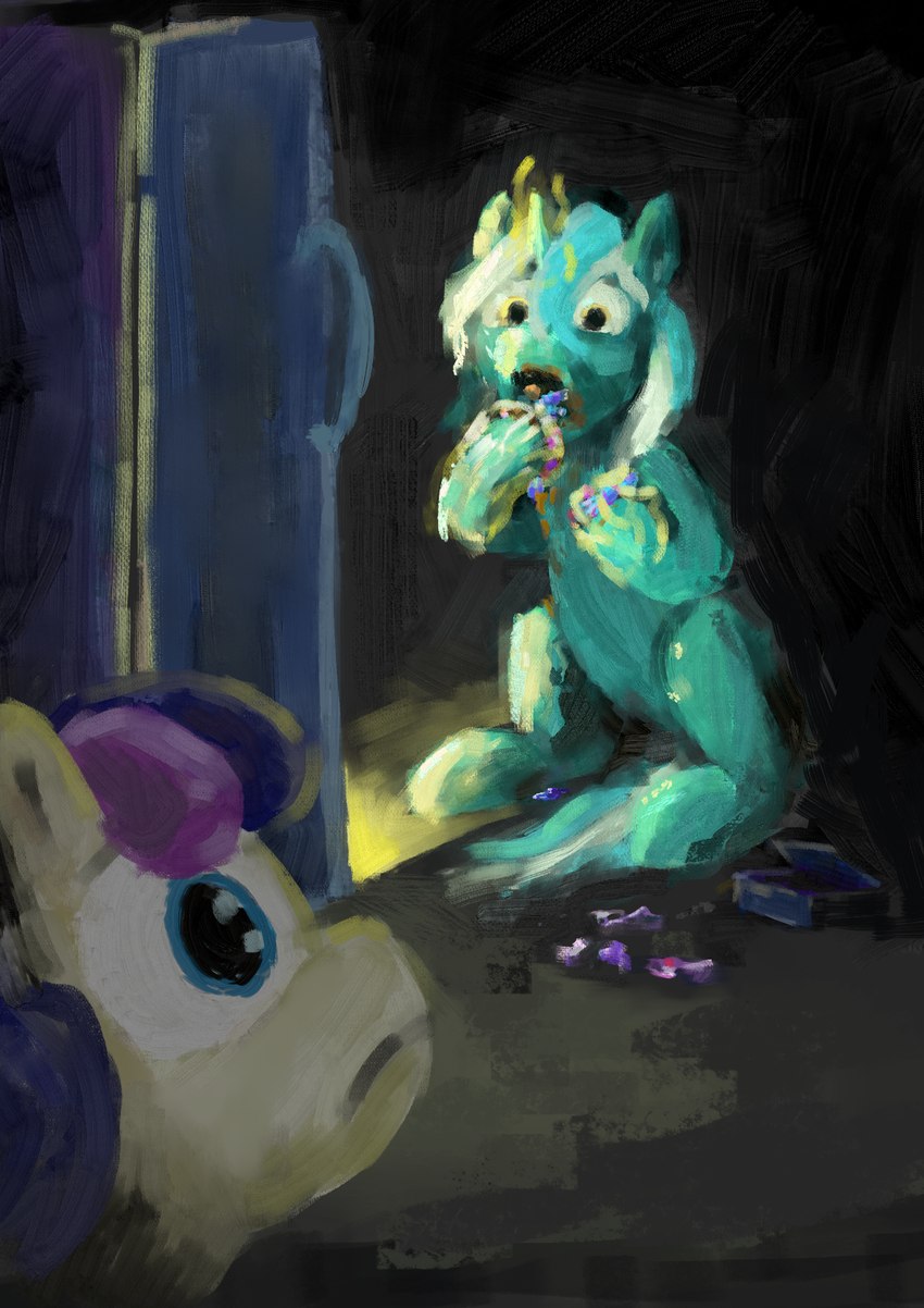 abstract_background appliance candy chocolate dessert duo eating female feral food fridge horn kitchen_appliance looking_at_another magic magic_hands simulated_traditional_(artwork) sitting marker_(artist) friendship_is_magic hasbro my_little_pony mythology saturn_devouring_his_son bonbon_(mlp) lyra_heartstrings_(mlp) earth_pony equid equine horse mammal mythological_creature mythological_equine pony unicorn digital_media_(artwork) digital_painting_(artwork) hi_res inspired_by_formal_art